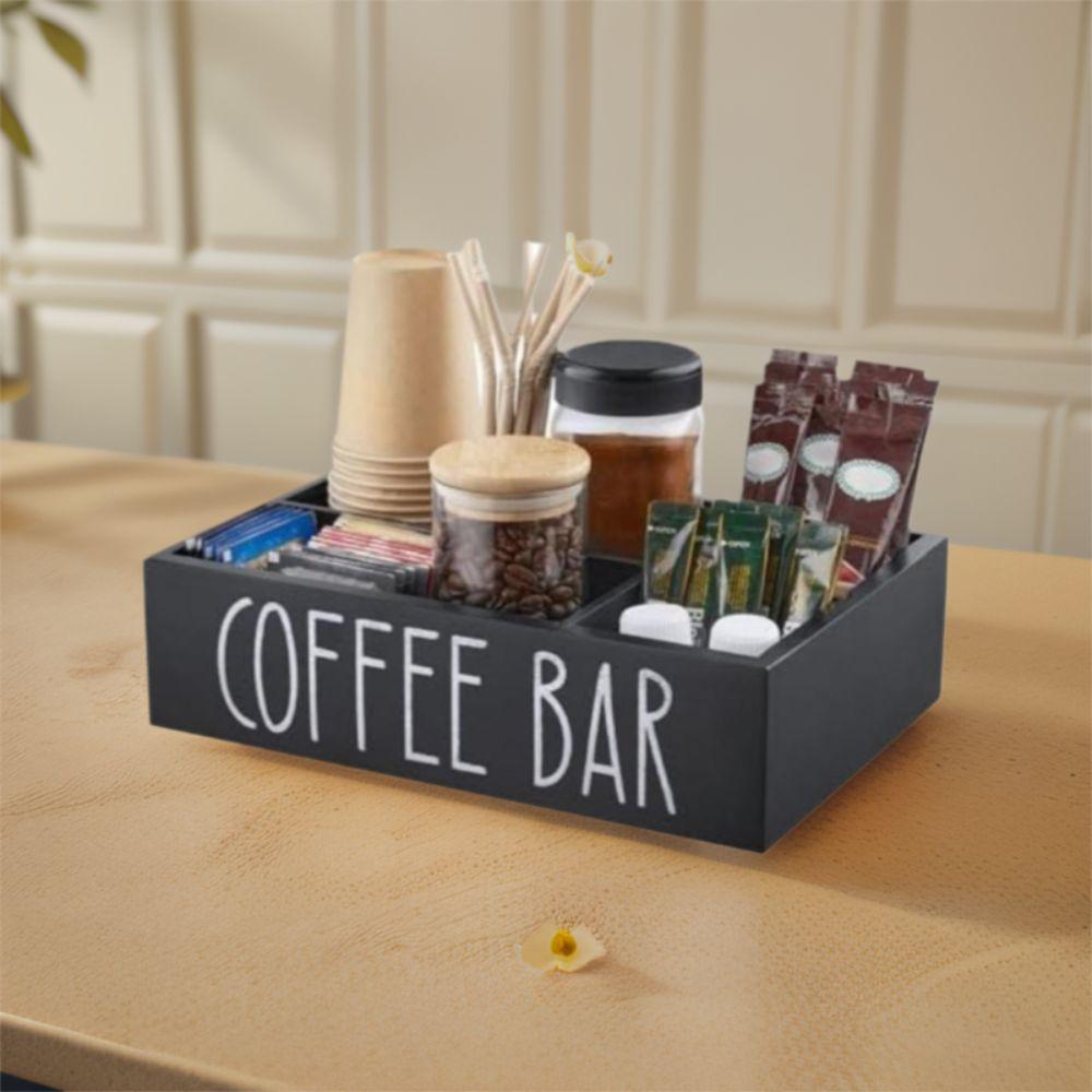 Creative Wooden Coffee Bar Organizer 4 Compartments Condiment Storage Rack  Coffee Accessories