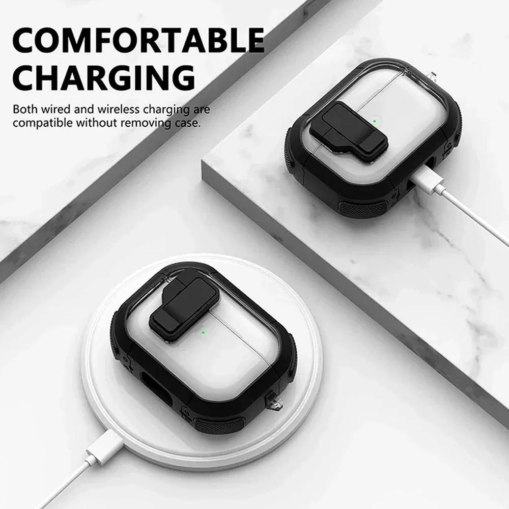 Gjennomsiktig magnetisk sikkerhetslåsbryter Øretelefonveske med nøkkelringkrok for Apple Airpods Pro 2 2nd Air Pods 3 Støtsikkert beskyttelse Ladedeksel