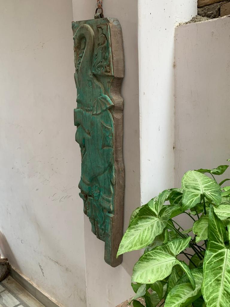 Antique Indian Wooden Elephant Wall Panel: Rustic Architectural Decor
