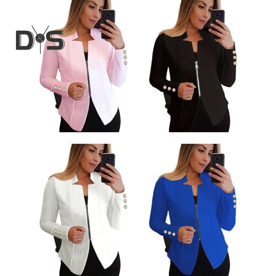 Jaro Podzim Business Suit Kabát Vroubkovaný límec Dlouhý rukáv Zapínání na zip Bunda k obleku Jednobarevné Slim Fit Outwear