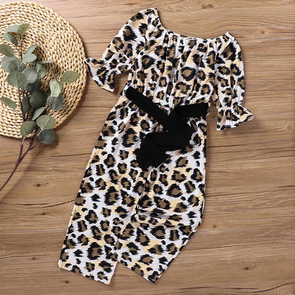 Child Kids Girls Print Off Shoulder Long Sleeve Leopard Print Romper Jumpsuit