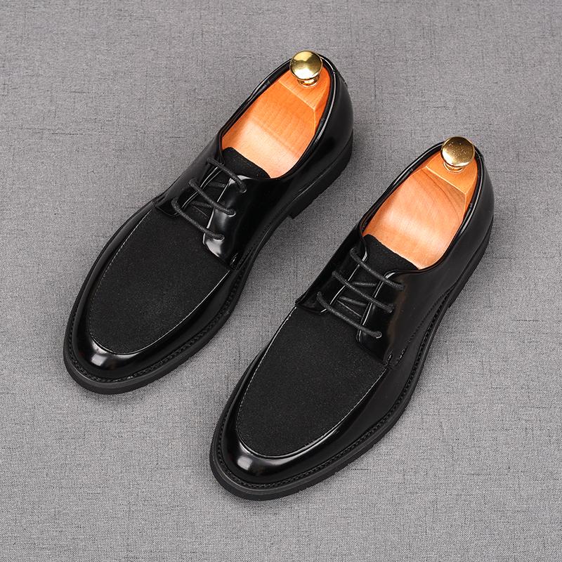 Fashion Luxury Men's Lace Up Suede Patent Leather Mixed Business Flats Shoes Male Designer Homecoming Wedding Dress Footwear