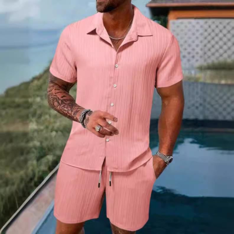 2023 Men's Casual Short-Sleeve Shirt and Shorts Beach Suit - European & American Summer Style
