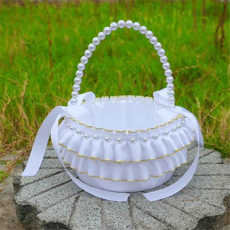 Decorative Pearls Embellished Storage Basket With Golden Edges for Wedding Reception Party Decorations