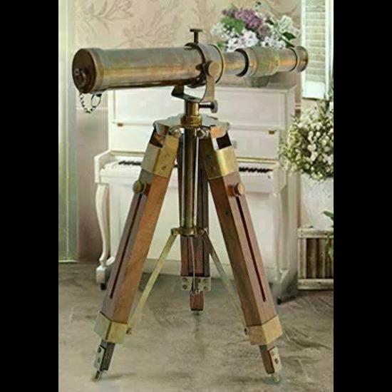 Antique Finish Nautical Spyglass Telescope With Wooden Brown Tripod Stand