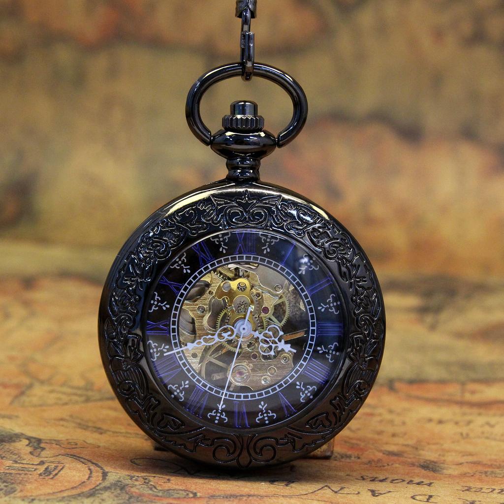 Classic Retro Nostalgic Creative Transparent Clamshell Mechanical Movement Pocket Watch Exquisite Roman Numerals Classic Mechanical Watch