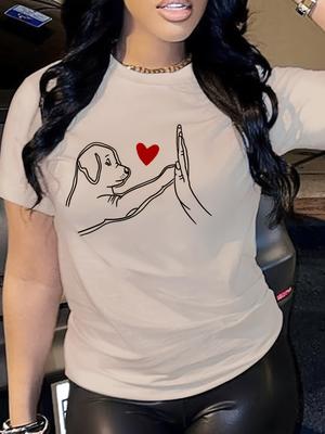T-shirt à Imprimé Chien Mignon Manches Courtes Col Ras du Cou Haut Décontracté Pour Été & Printemps Vêtements Femme