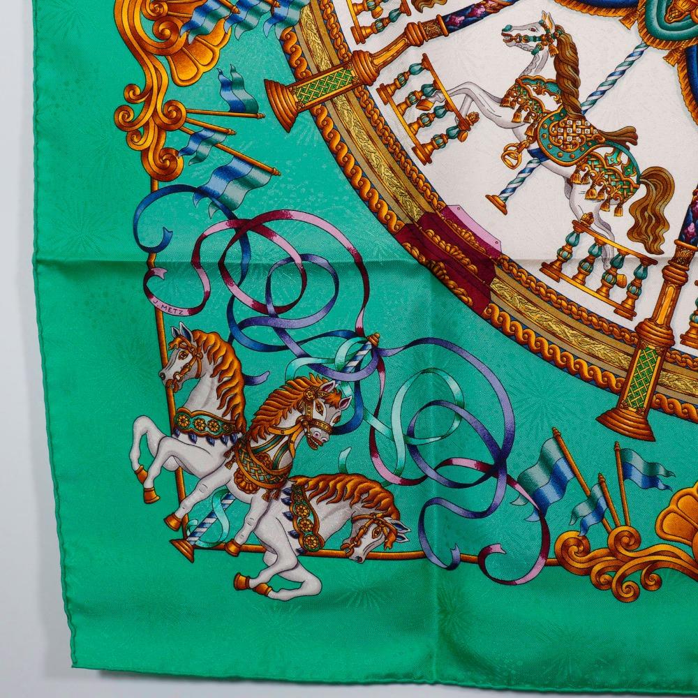 Hermes Carree90 Scarf LUNA PARK Amusement Park Merry-go-round Green Silk Women Used