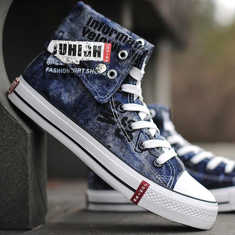 Bedruckte Denim-Schuhe für Männer, hohe Segeltuchschuhe, flache Schnürschuhe, Street-Hip-Hop-Männerschuhe, Western-Cowboystiefel, Tenis Masculino