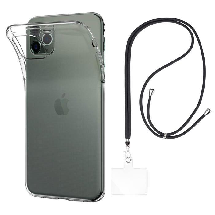 Coque et tour de cou pour iPhone 11 PRO MAX - TPU Souple Transparent Cordon Noir réglable Phonillico®