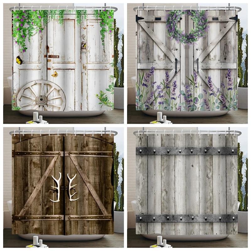 Pandara Jewelry Retro Wood Door Shower Curtain Farmhouse Country Vintage Farm Barn Wooden Waterproof Polyester Shower Curtain For Bathroom Decor