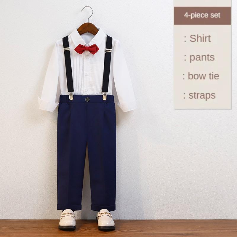 School Boys Suspender Trousers Formal Suit Shirt Bow Tie Kids Wedding Ring Bearer Piano Recital Birthday Photoshoot Gentleman Outfit for Boys 3-12Y