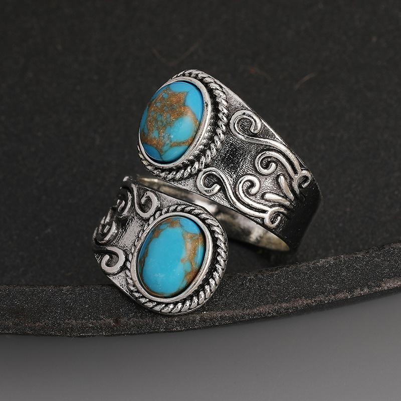 Vintage Wrap Ring Silver Plated Delicate Carving On The Surface Inlaid Turquoise Boho Style Jewelry Match Daily Outfits