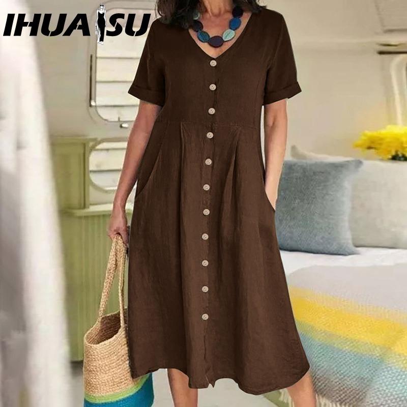 IHUASU Women Summer Casual Cotton V-Neck Short Sleeve Button Dress