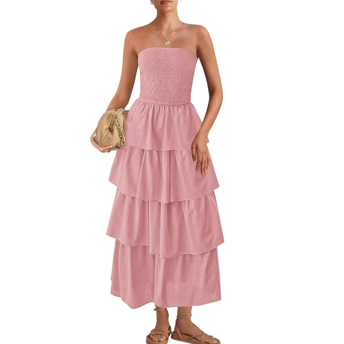 

Платье без бретелек Yousheng Lady, пляжное платье без рукавов с открытыми плечами и открытой спиной, многослойное платье для отпуска с оборками и разбросанным подолом, эластичное платье макси с бюстом S розовый