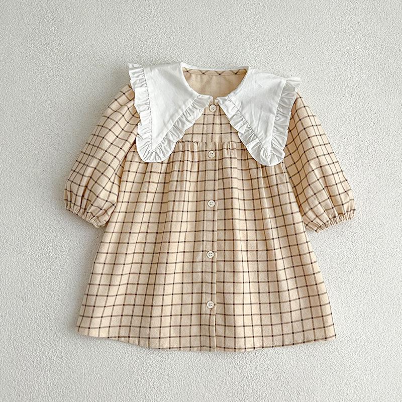 

Girls Korean Style Plaid Dress with Big Lapel - Spring/Autumn Casual Skirt for Kids 120cm