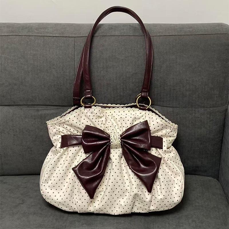 

Yogodlns Chic Polka Dot Tote Bag Casual Commuting Vintage Women Handbags Shoulder Bag Versatile Large Capacity Dot Design Bow Sweet Bag 34x10x27cm бежевий
