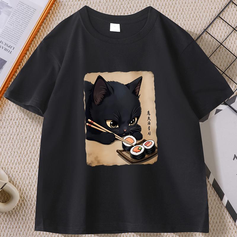 

Cat Eating Sushi Print T-shirt for Men Casual Loose Fit Short Sleeves Round Neck T Shirt Cotton Printed Clothes XL чёрный