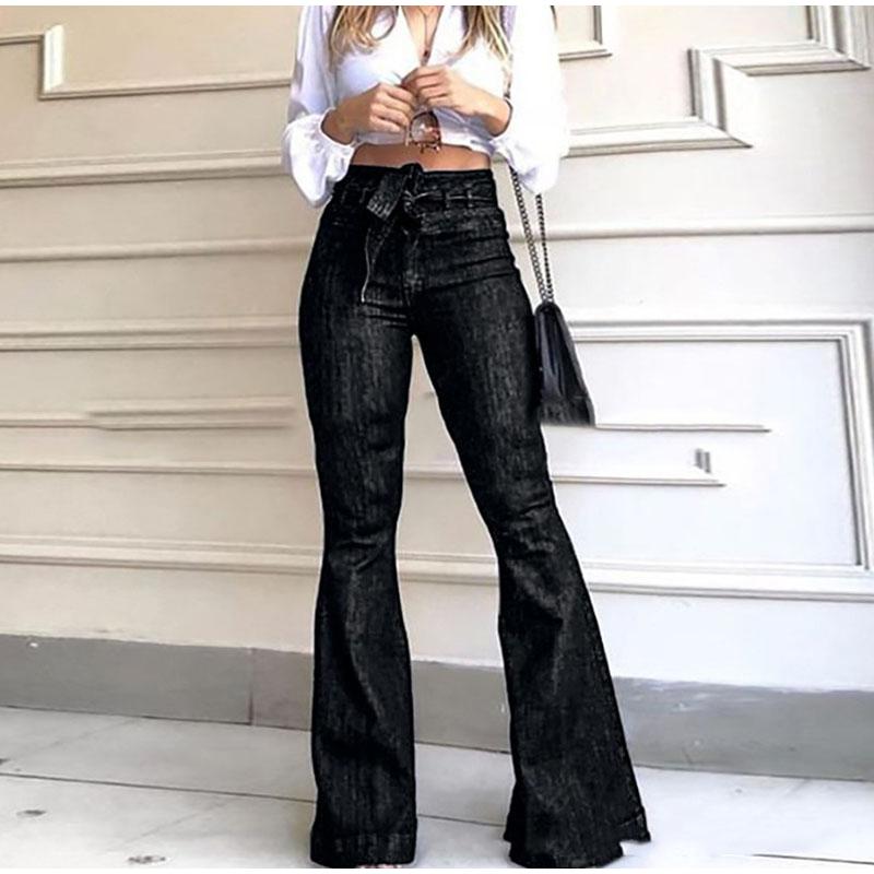 Женские джинсы, однотонные брюки-клеш с высокой талией, на молнии, с плоскими карманами, уличная одежда, тонкие лоскутные пуговицы, легкий эластичный ремень S чёрный