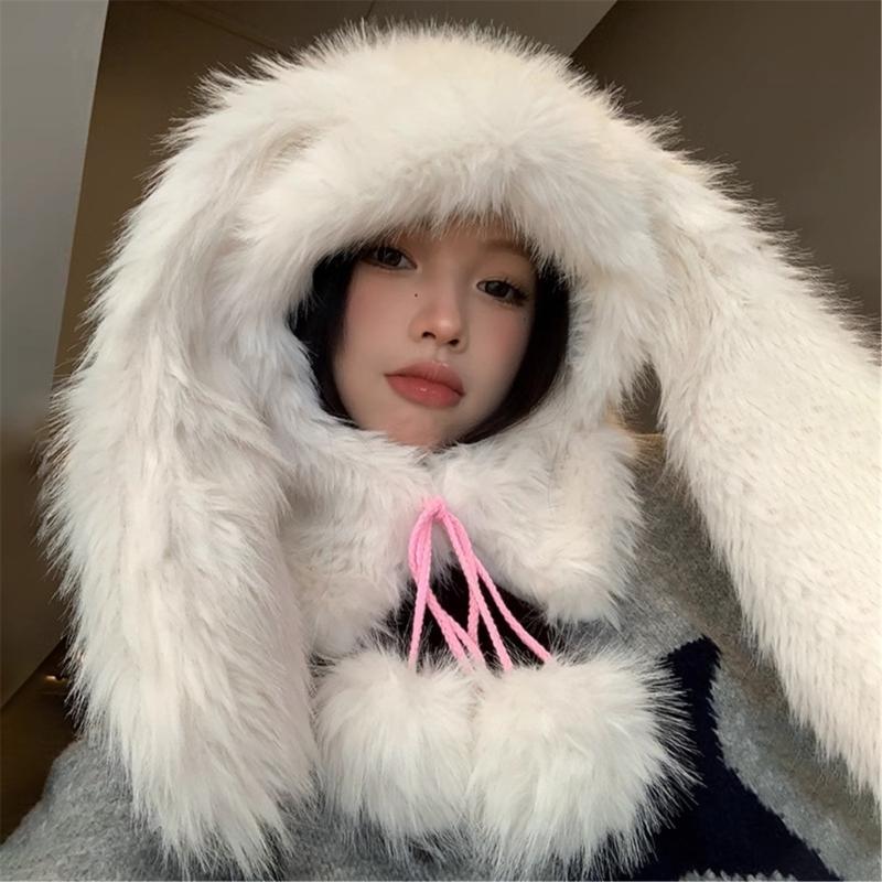 Furry Plush Hooded Hat Adult Lovely Balaclava Hat with Long Rabbits Ear 2000s Teens Girl Winter Warm Scarf Hat Daily Use