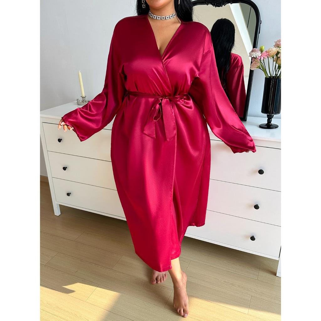 Thin and Elegant, Simple and Casual Mid-length Lace-up Bathrobe for Women, Spring and Summer Ice Silk Pajamas