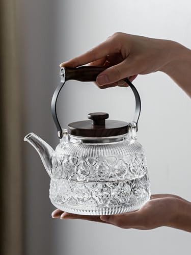 IwaiLoft "Betia Flower" Heat-Resistant Glass Teapot with Strainer, 1000ml, Handmade with Wooden Handle, Jumping Design, Perfect for Fruit Tea, Flower