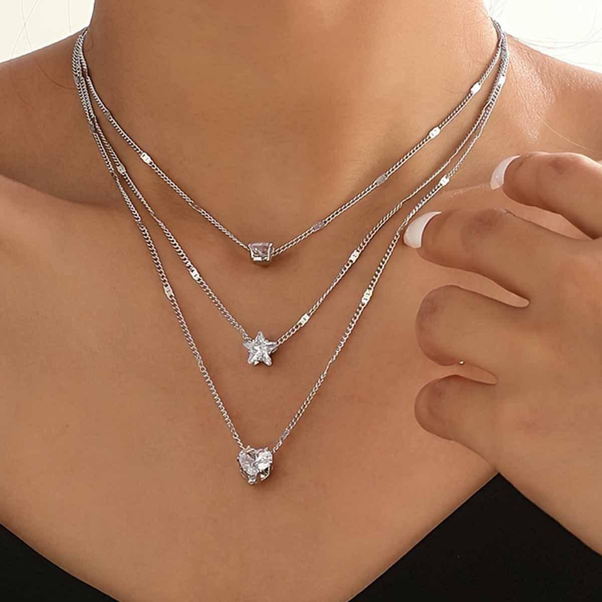 Water Drop Star Heart Triple-Layer Necklace for Women with Crystal Zirconia Pendant серебряный