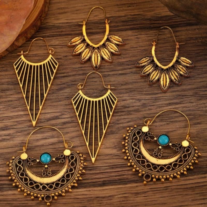 Vintage Boho Hollow Floral Hoop Earrings for Women Geometric Retro Earring Party Jewelry Gifts
