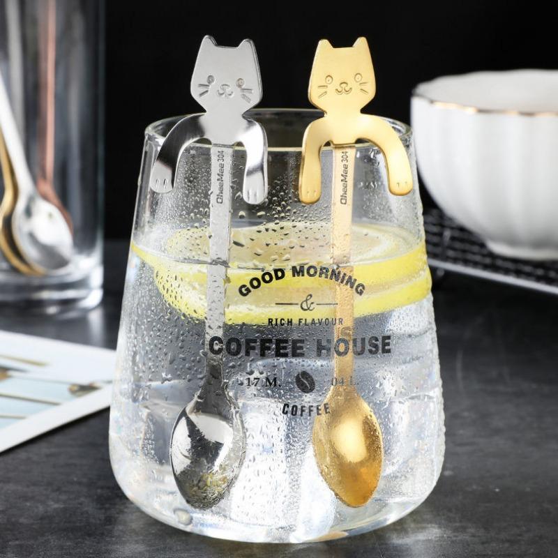 Cute Cat Coffee Spoon Stainless Steel Teaspoons Ice Cream Dessert Snack Scoops Cartoon Mini Cats Spoons Tableware Kitchen Tools