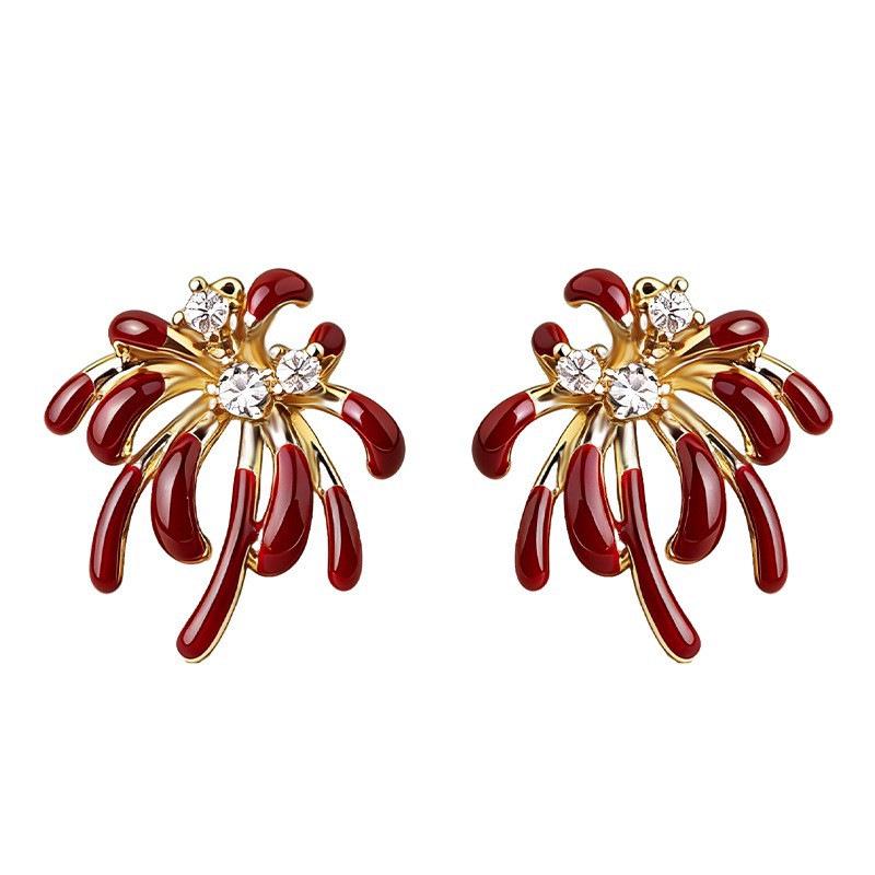 Ankela Red Fireworks Court-Style Love Heart Zirconia Stud Earrings - Wine Red Drip Glaze, Niche Luxury