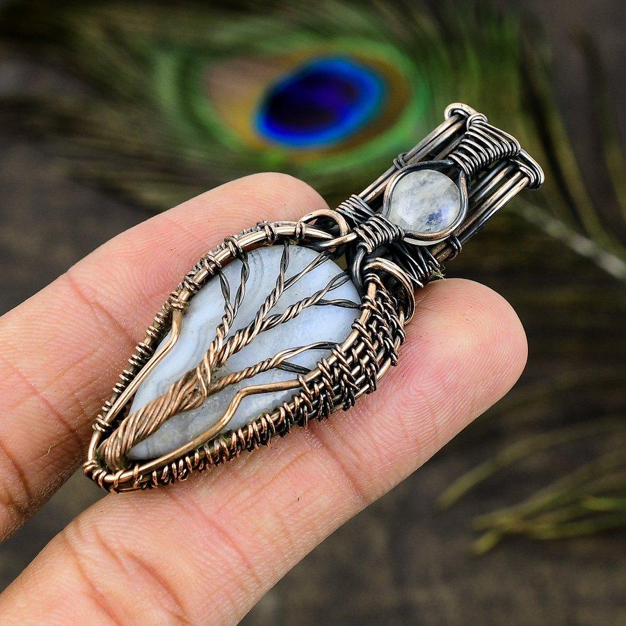 Blue Lace Agate, Moonstone Gemstone Copper Wire Wrap Jewelry Pendant 2.76"