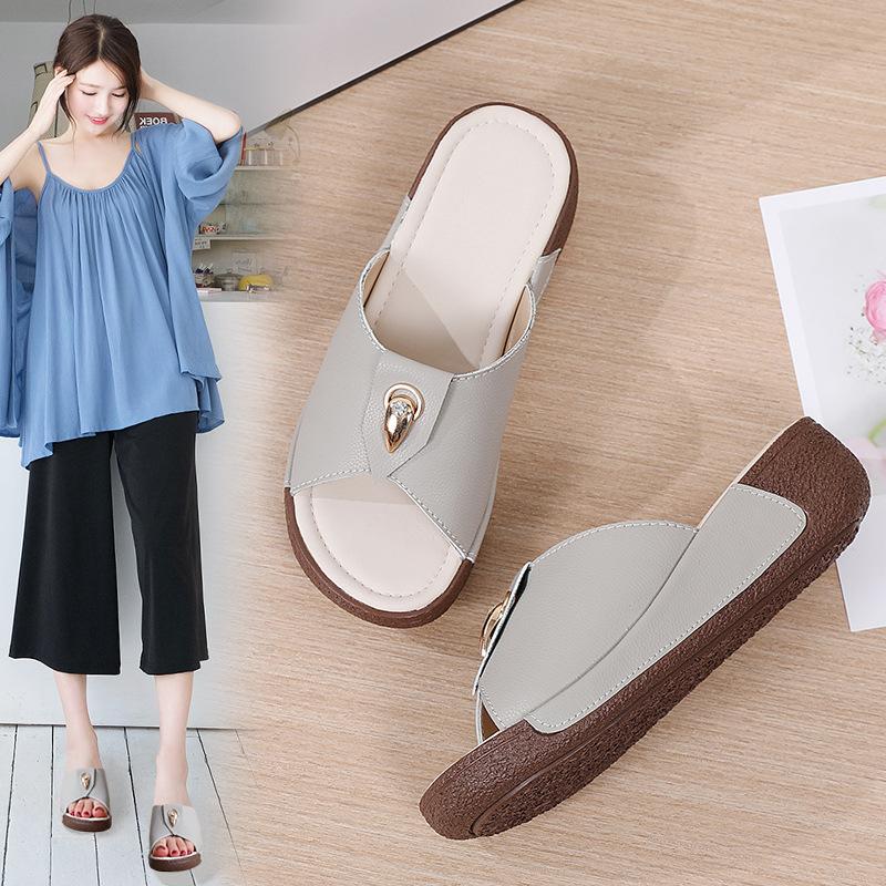 Cowhide cool slippers women's summer simple fashion versatile breathable casual mother outside home slippers