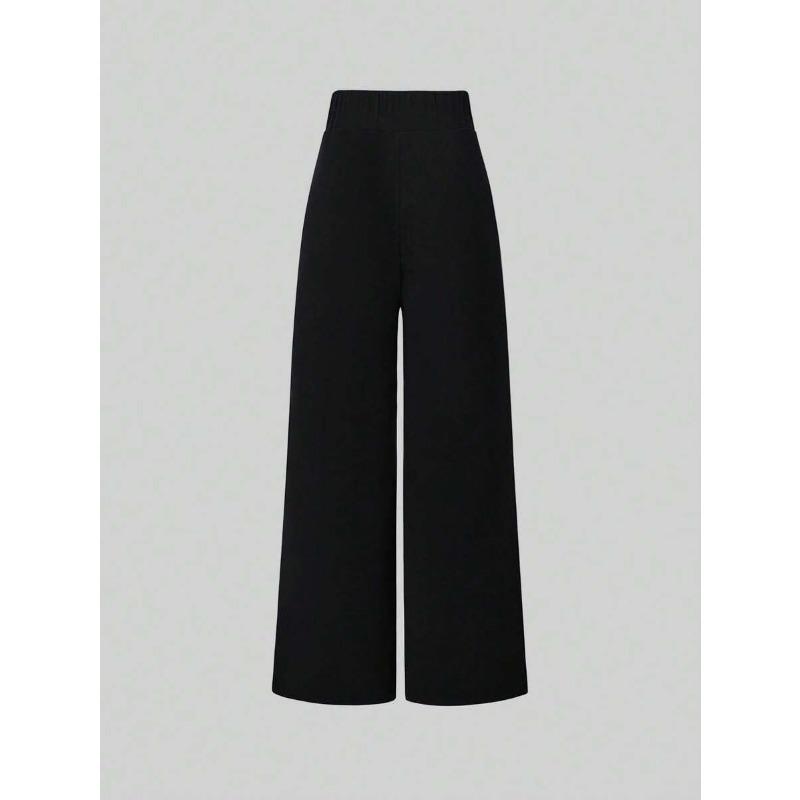 Solid Color Vintage Casual Loose High Waist Wide Leg Long Trousers For Women