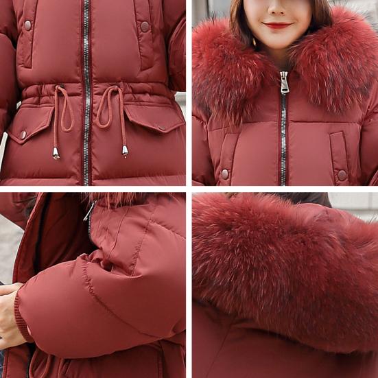 Dámská zimní bunda s chlupatou kapucí Zesílený vycpaný péřový kabát Stahovací šňůrka v pase Zip Zapínání ve střední délce větruodolný Bavlněný kabát do chladného počasí