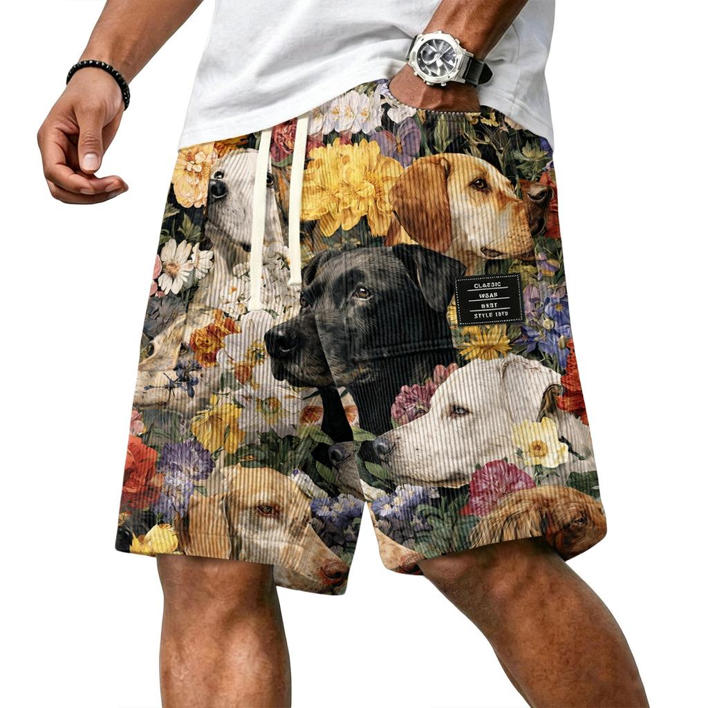 Men's Casual Corduroy Drawstring Shorts Hawaiian Style Floral Dog Print Lightweight Comfortable Fit Summer Beachwear