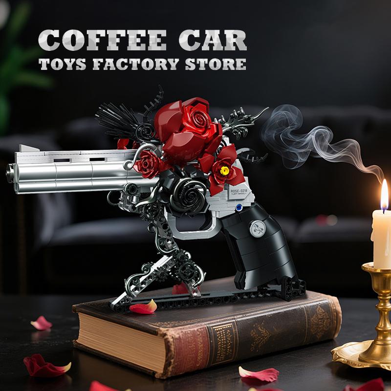 Non-Toxic 631Pcs Creative Mecha Rose Revolver Pistol Building Blocks Technical Red Flower Petal Gun Moc Bricks Assemble Toy Adult Kid Gift