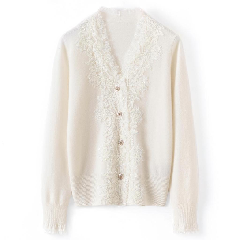 100% Pure Cashmere Women's V-Neck Tassel Lace Knit Cardigan, 2026 Autumn/Winter Slim-Fit Outerwear