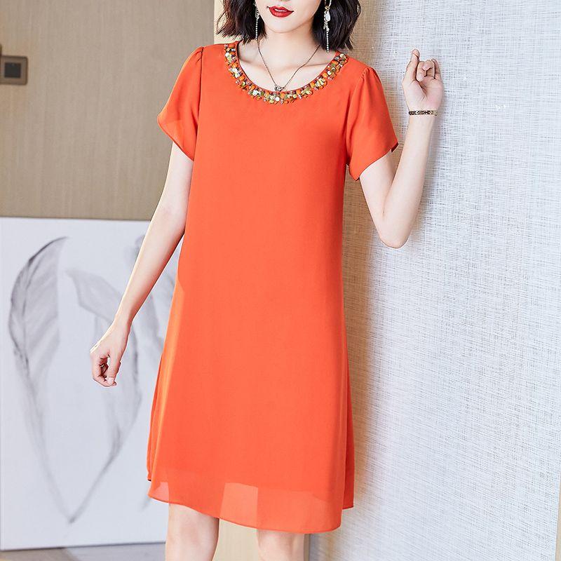 

Women s Summer Plus Size Ladies Slim Looking Younger Chiffon Dress Orange 3XL
