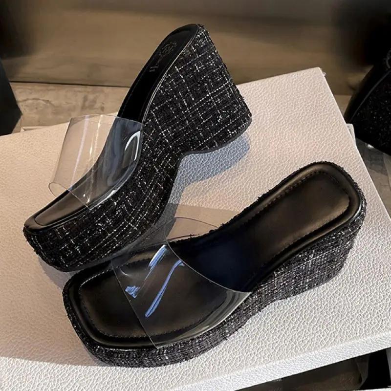 

Модные летние прозрачные ПВХ клинья на платформе Eilyken женские шлепанцы модный уличный стиль свадебные туфли на каблуке сандалии обувь для вечеринок 34 чёрный