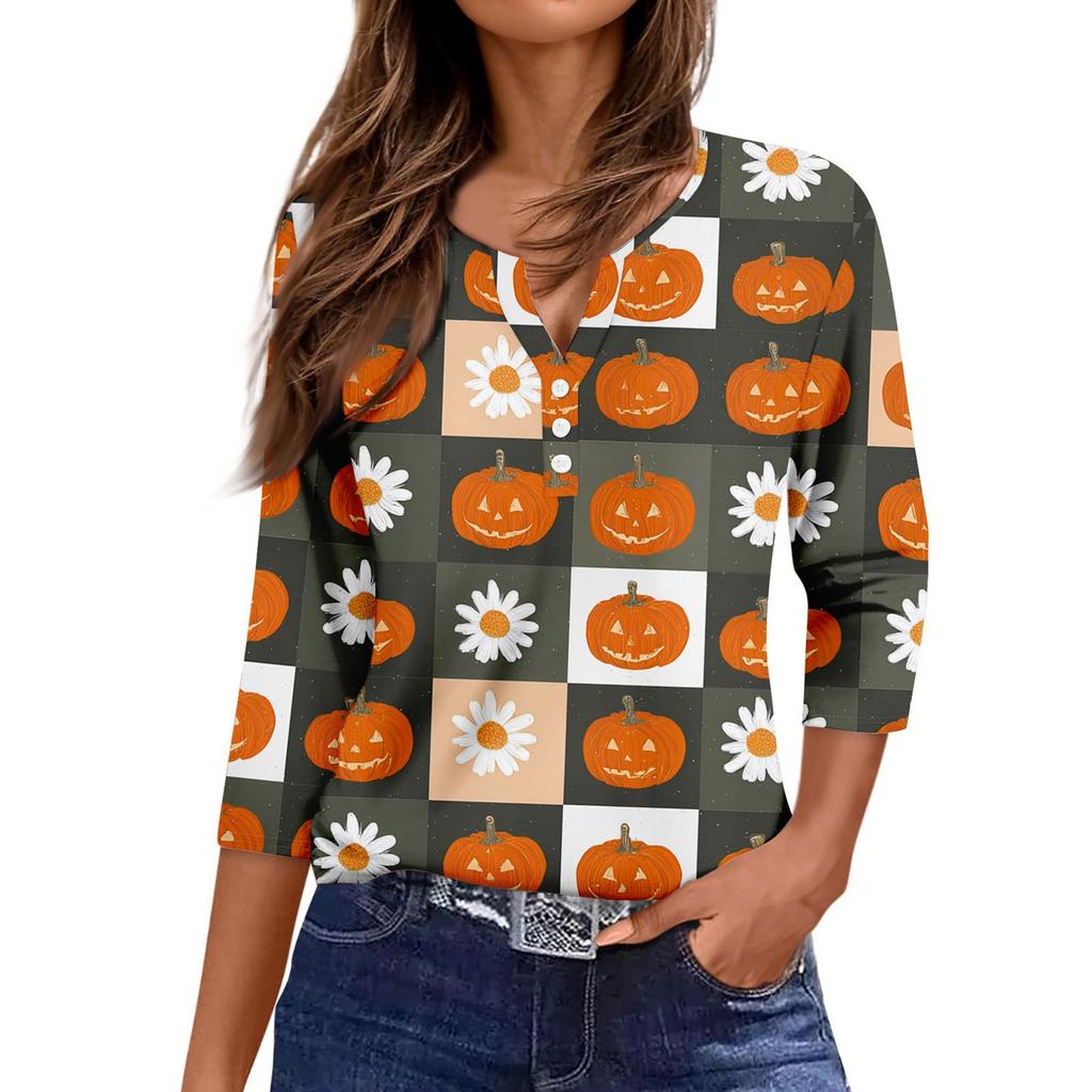 Women's Casual Fashion V-neck Loose Versatile Halloween Print Three-quarter Sleeve Top