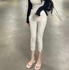 Women's High Rise Capri Pants Solid Color Slim Fit Cropped Trousers Medium Stretch Side Slit Denim Shorts For Spring Daily Wear