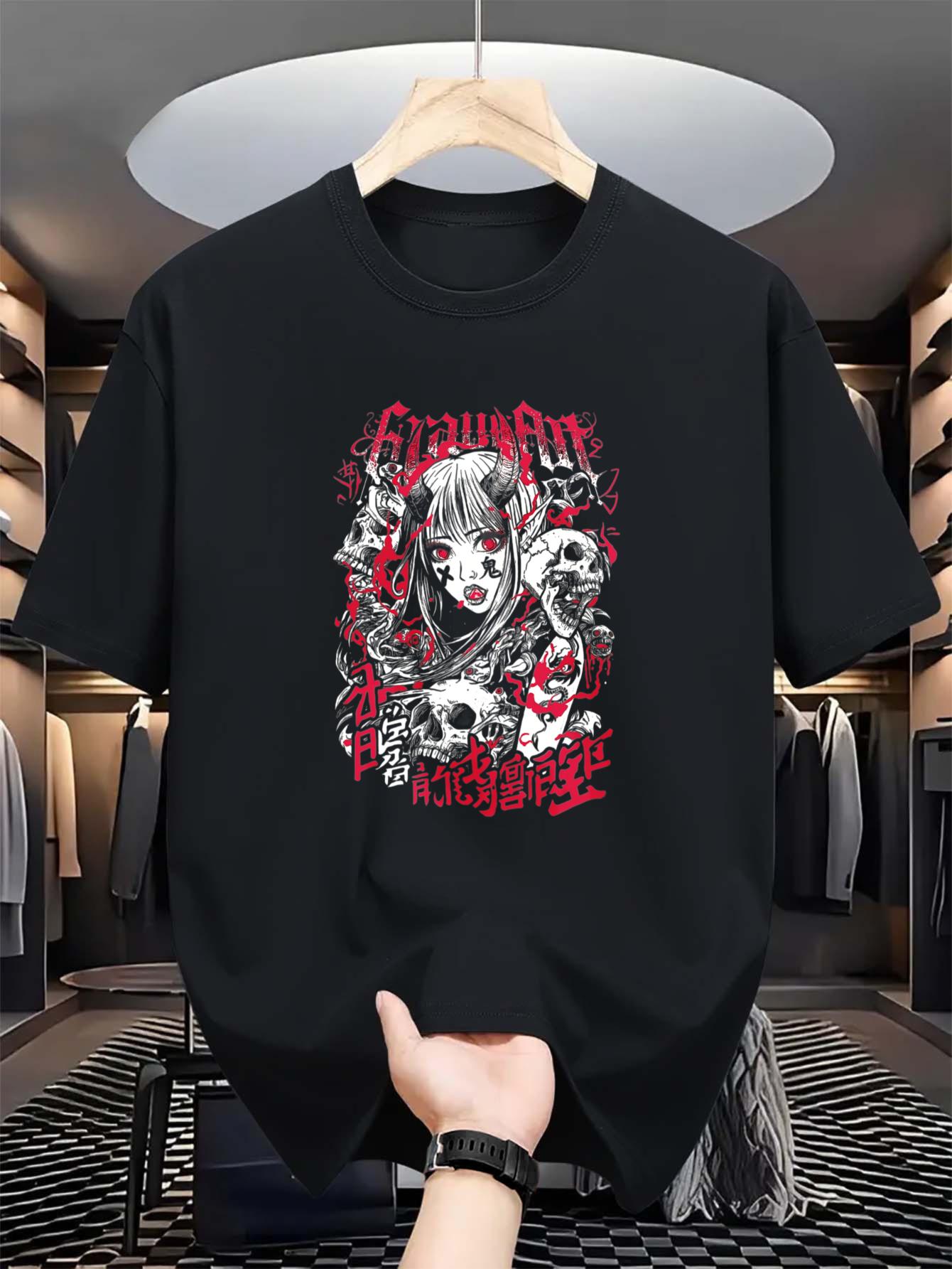 Men S Y2K Graphic Hoodie - Black Casual Sweatshirt Featuring Skull & Anime Artwork XXL