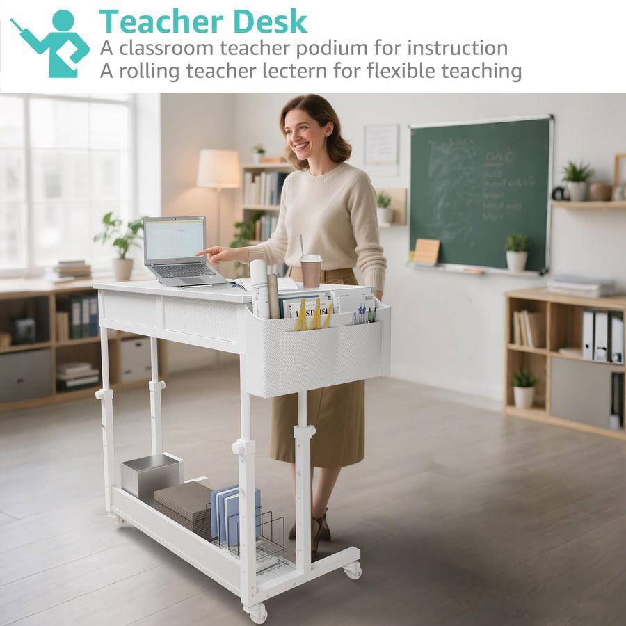 White Portable Rolling Standing Desk with Drawers, 32 Inch Adjustable Mobile Stand Up Teacher Desks with Wheels, Couch Sofa Side