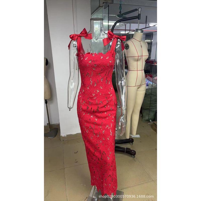

Elegant Bright Red Bow Sling Sexy Formal Dress Vacation Dress with Lining Red Evening Gown Red XS
