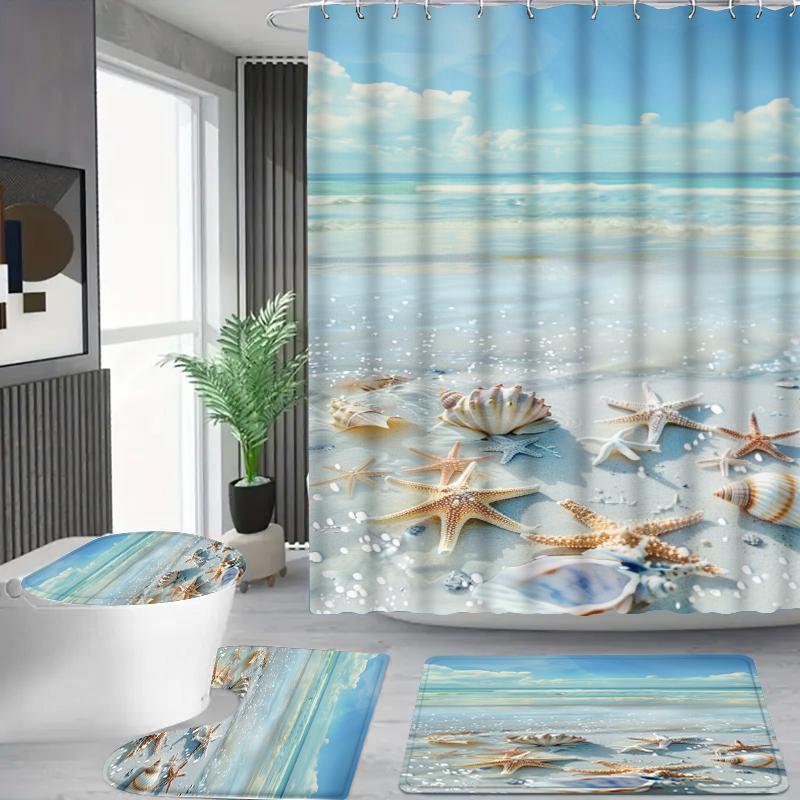 1/3/4Pc Fresh Ocean Style Beach Shell Shower Curtain Waterproof and Mildew-Proof Bathroom Partition Curtain