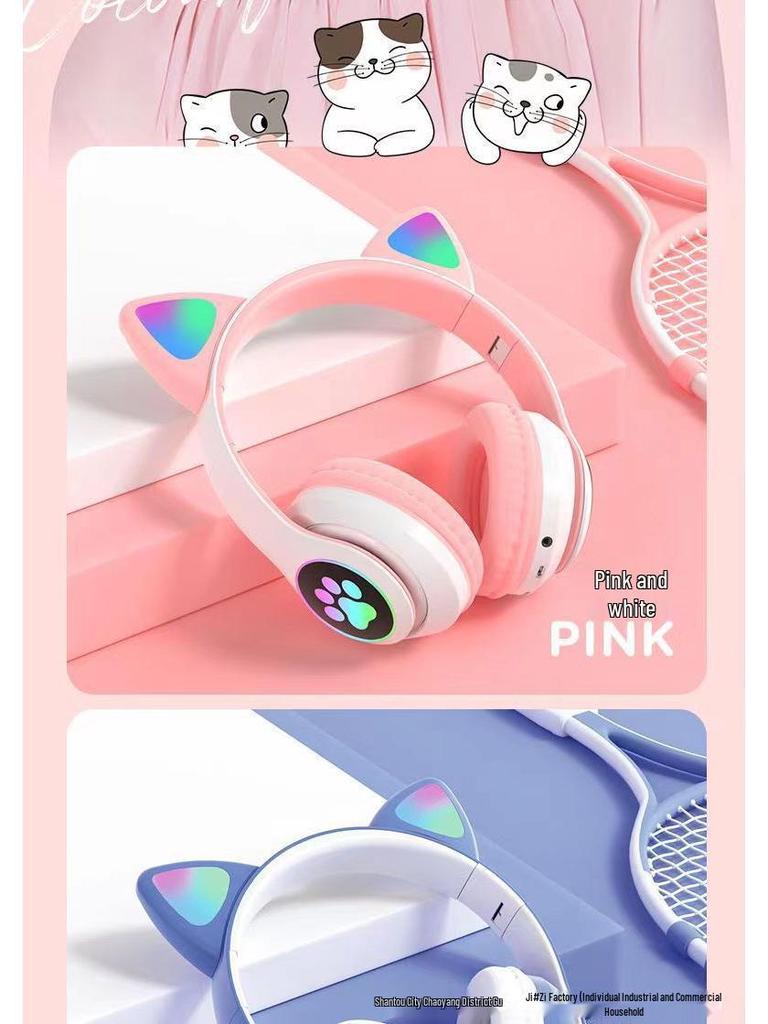 N28 Bluetooth Cat Ear Headphones for Girls - Pink, Luminous, Wireless, Colorful Lights