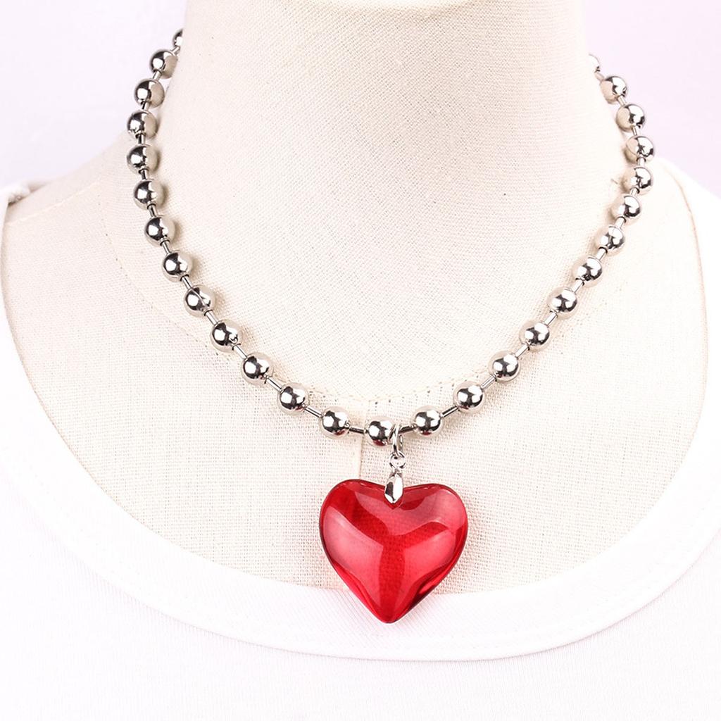 Hip Hop Colorful Love Heart Pendant Necklace Women Punk Silver Color Beads Chain Grunge Jewelry Accessories Steampunk