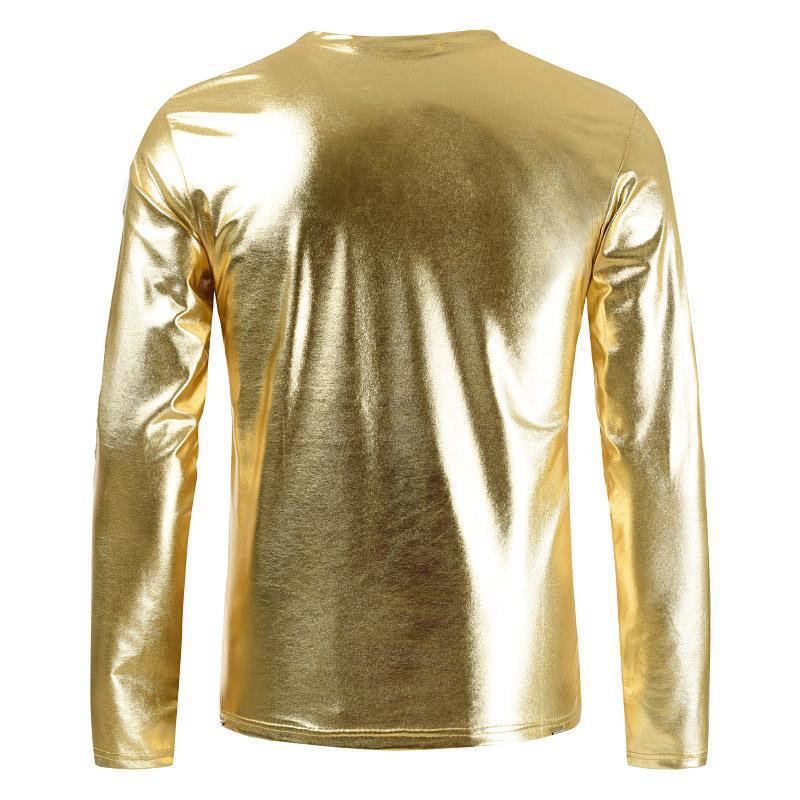 Męska koszulka z dekoltem w serek, błyszcząca, z długim rękawem i jednolitym kolorem