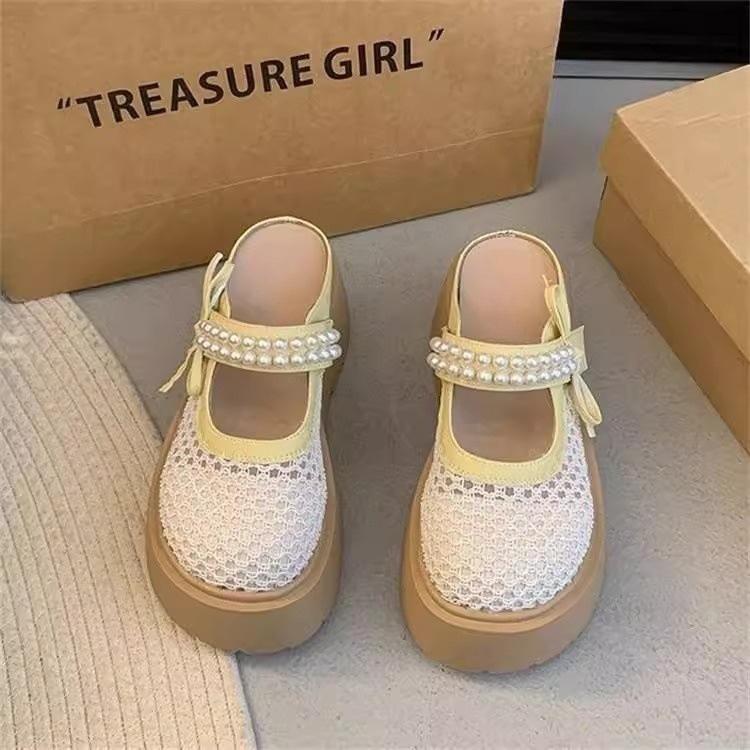 7Cm thick-soled bag head half-drag women's shoes 2025 summer versatile bow pearl mesh hollow breathable outer shoes