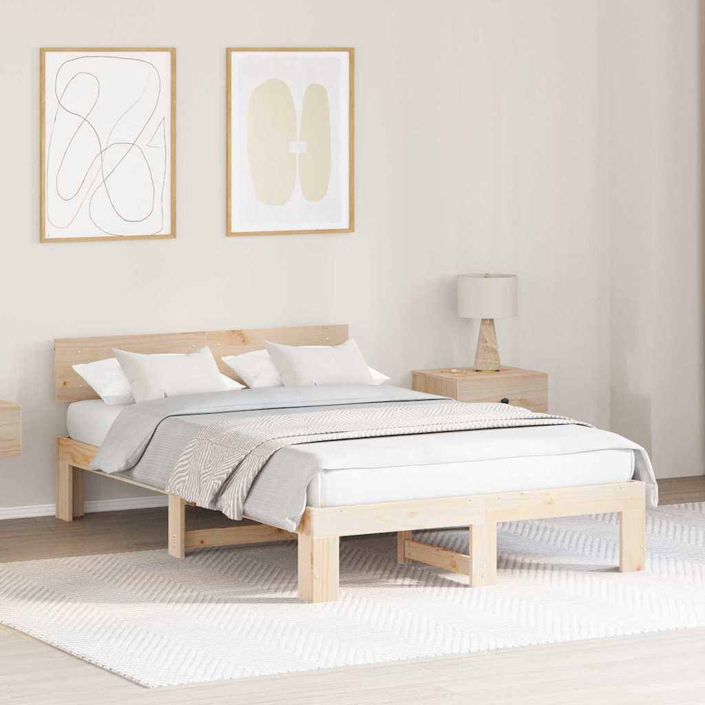 Bed Frame with Headboard Natural Finish 135 X 190 Cm Solid Pine Wood